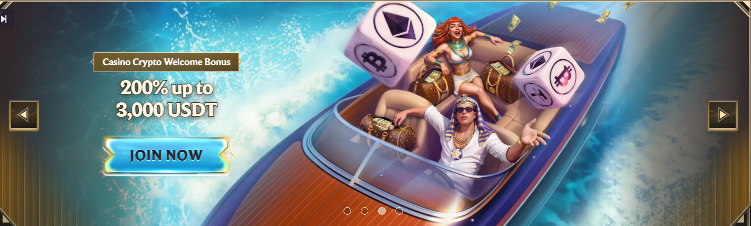 Banner featuring a crypto welcome bonus of 200% up to 3,000 USDT, illustrated with a luxury speedboat scene and a prominent “Join Now” button.