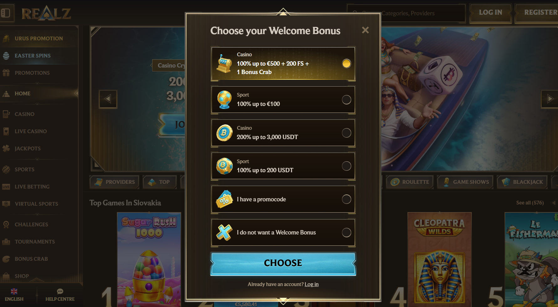 Casino interface modal titled “Choose your Welcome Bonus” showing multiple selectable bonus options, including a 100% up to €500 + 200 free spins offer, crypto bonuses up to 3,000 USDT, and sport bonuses, with a highlighted selection, radio buttons, and a blue “CHOOSE” call-to-action button.