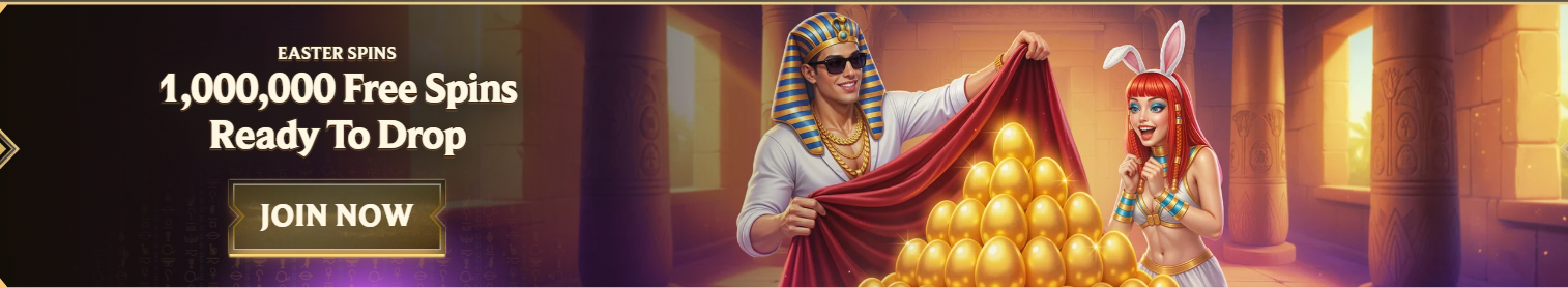Casino Easter promotion banner featuring the text “1,000,000 Free Spins Ready To Drop” with a “JOIN NOW” button, alongside stylized characters in an Egyptian-themed setting revealing a pile of golden eggs, creating a festive and high-reward visual appeal.